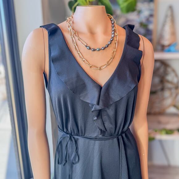 French Connection, Black Maude Drape Ruffle Dress w/ Wrap Front, Women's US 4 - Picture 7 of 11